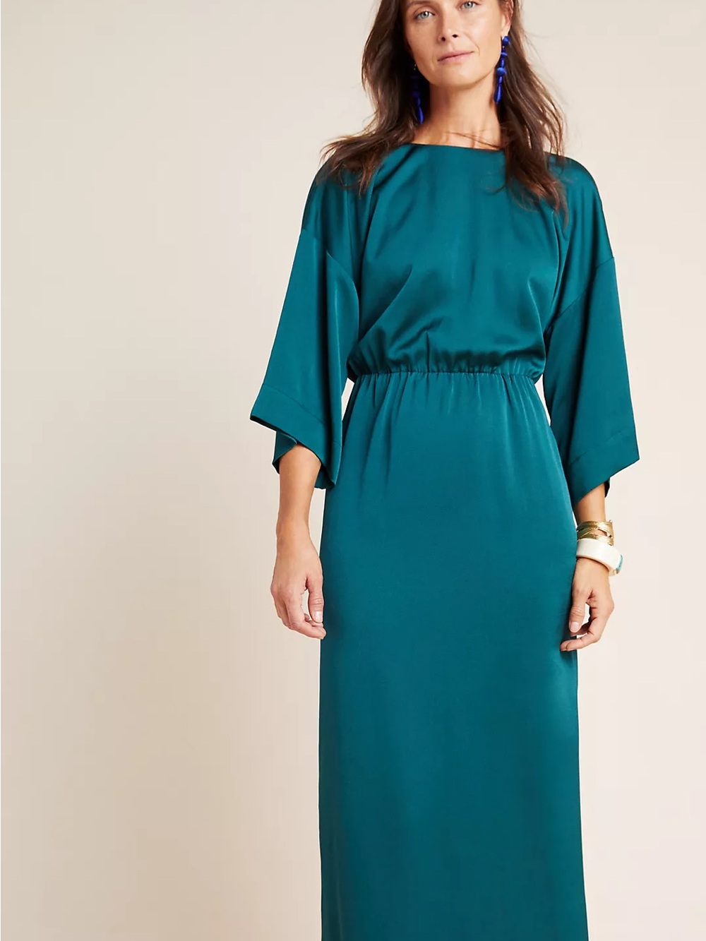 Porridge From Anthropologie Teal Satin Kimono-Sleeve Maxi Dress